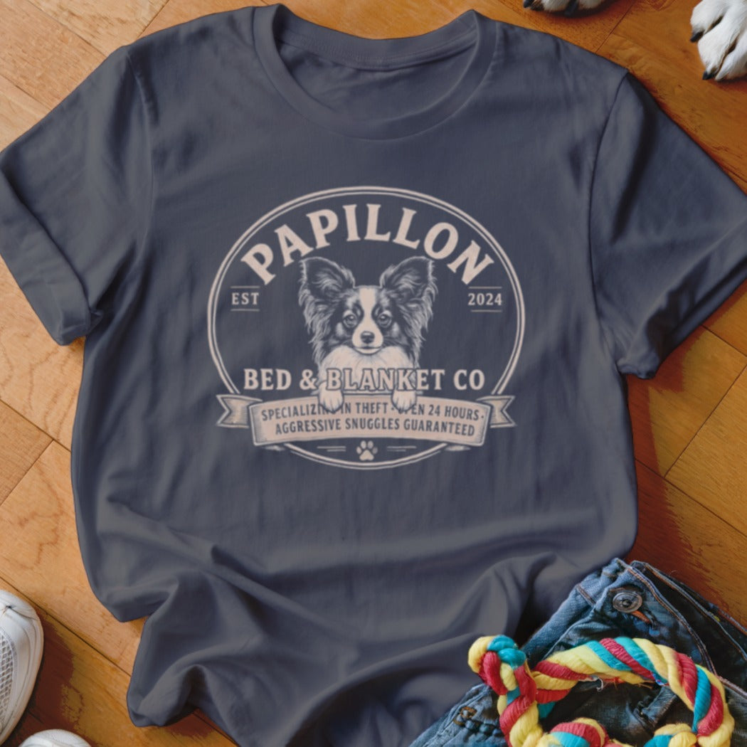 Papillon Bed & Blanket Co. t-shirt with dog design and "Aggressive Snuggles Guaranteed."