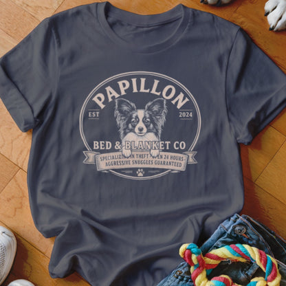 Papillon Bed & Blanket Co. t-shirt with dog design and "Aggressive Snuggles Guaranteed."