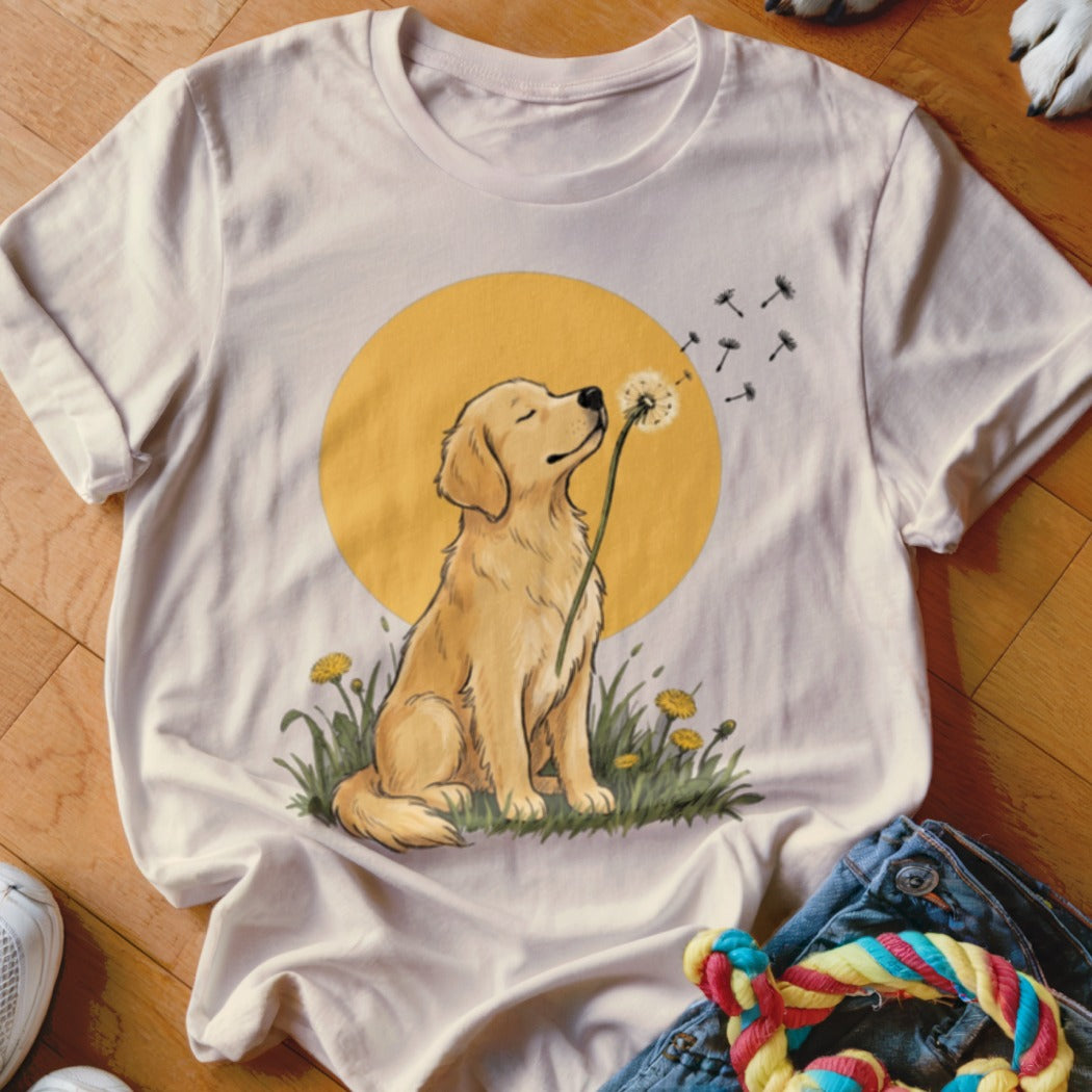 A cream-colored t-shirt with a graphic of a golden retriever sniffing a dandelion in grass.