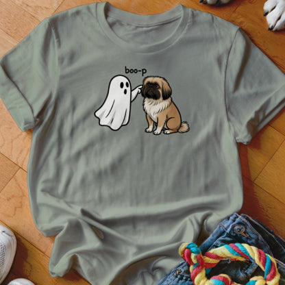 Ghost booping a small dog with the text "boo-p" above them.