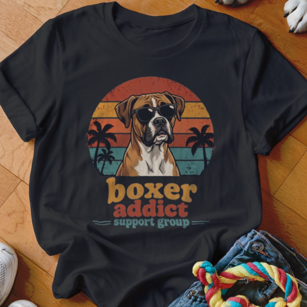 A black t-shirt features a graphic of a boxer dog wearing sunglasses before a sunset and palm trees, with the text boxer addict support group.
