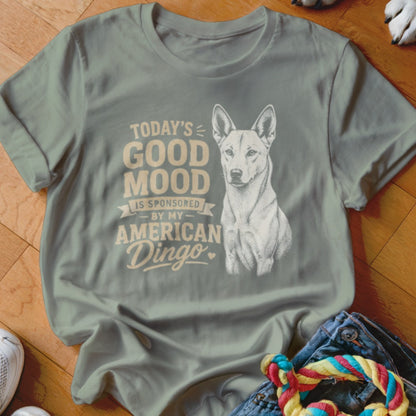T-shirt with graphic text "Today's Good Mood is Sponsored by My American Dingo" and a dog illustration.