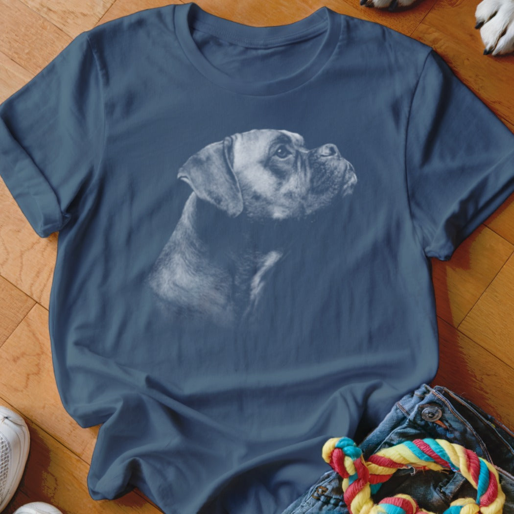 Blue t-shirt with a faded white Boxer dog head graphic, laid flat on a wooden floor.