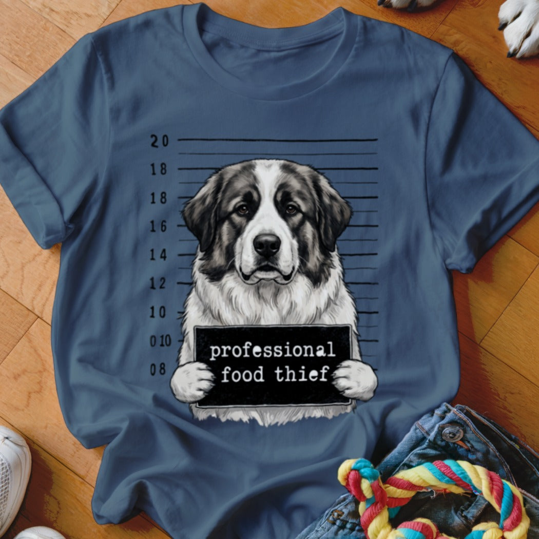 Saint Bernard dog mugshot with text "professional food thief".