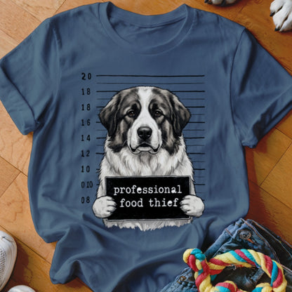 Saint Bernard dog mugshot with text "professional food thief".