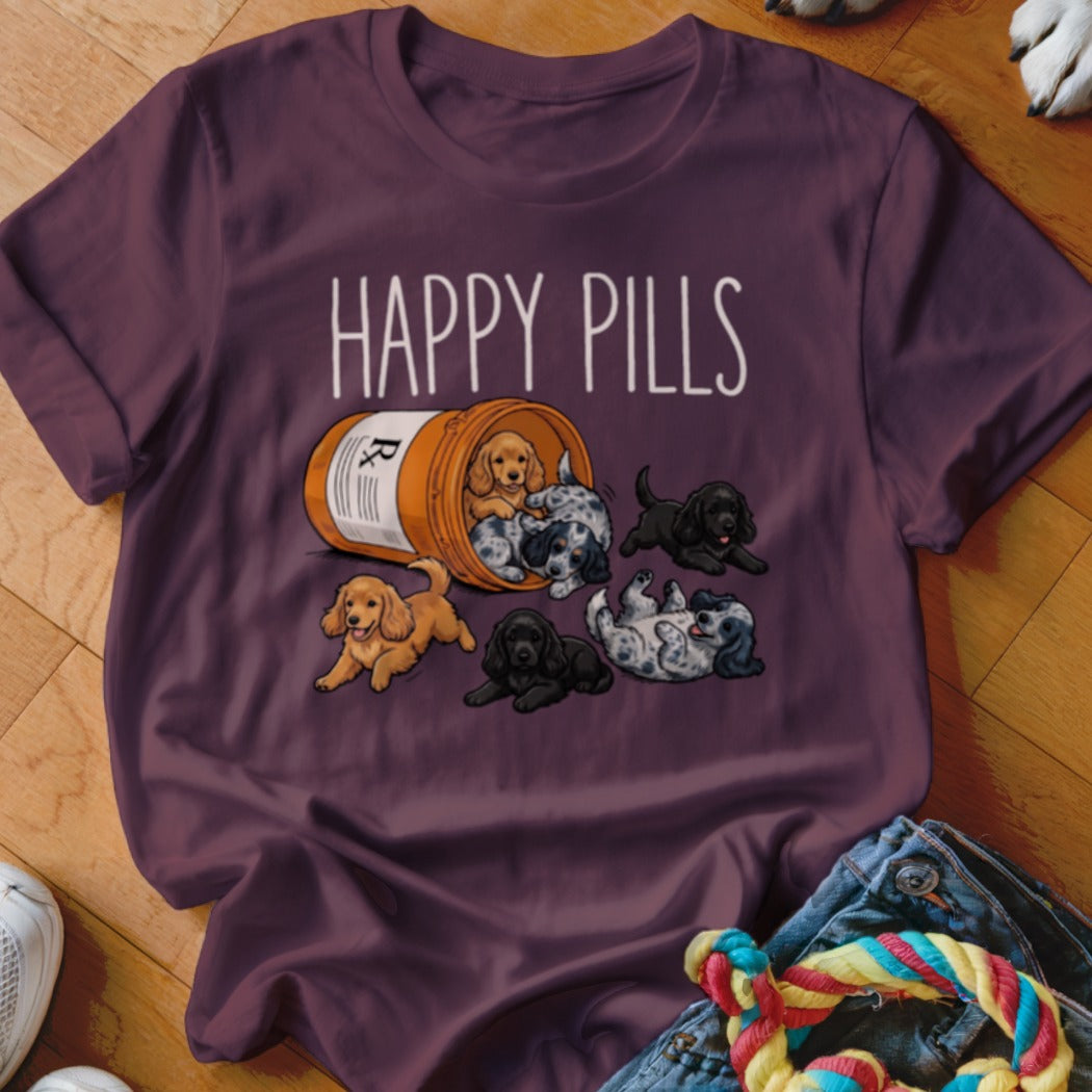 Happy Pills text over illustration of puppies spilling from pill bottle.