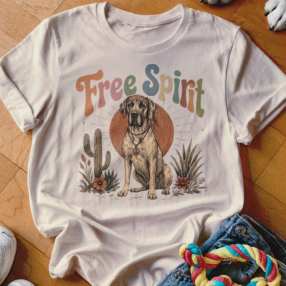 Cream t-shirt with "Free Spirit" text and dog graphic in desert landscape.