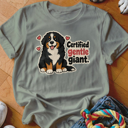 Bernese Mountain Dog graphic with text "Certified gentle giant" on a gray t-shirt.