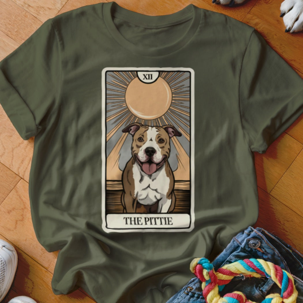 Green t-shirt with a tarot card design featuring a pit bull and the text "The Pittie."