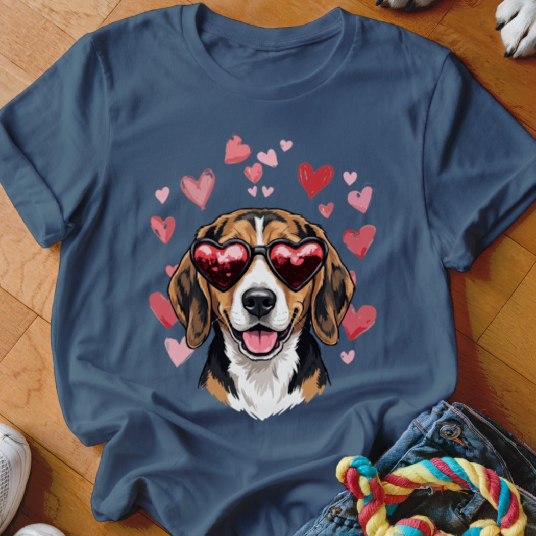 A slate blue crewneck t-shirt featuring a beagle wearing heart-shaped sunglasses surrounded by pink hearts.