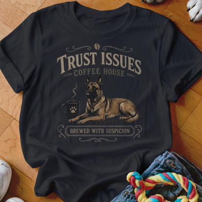 Dark t-shirt with text "Trust Issues Coffee House" and a dog with coffee mug.