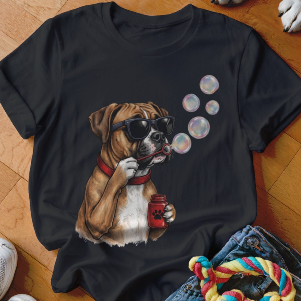 A black t-shirt features a graphic of a boxer dog wearing sunglasses and blowing bubbles.