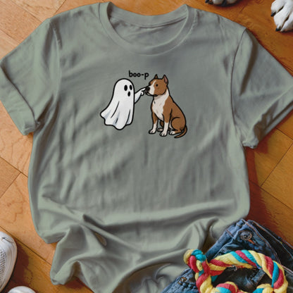 Ghost booping a pit bull with text "boo-p" on a light green t-shirt.