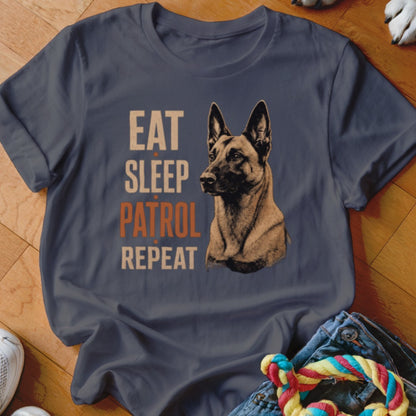 Dark blue t-shirt with German Shepherd graphic and text "Eat Sleep Patrol Repeat".