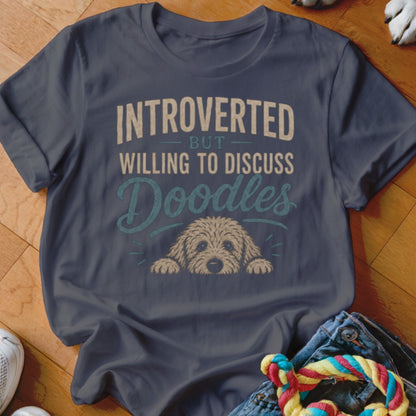 Dark blue t-shirt with "Introverted But Willing To Discuss Doodles" and a doodle dog graphic.