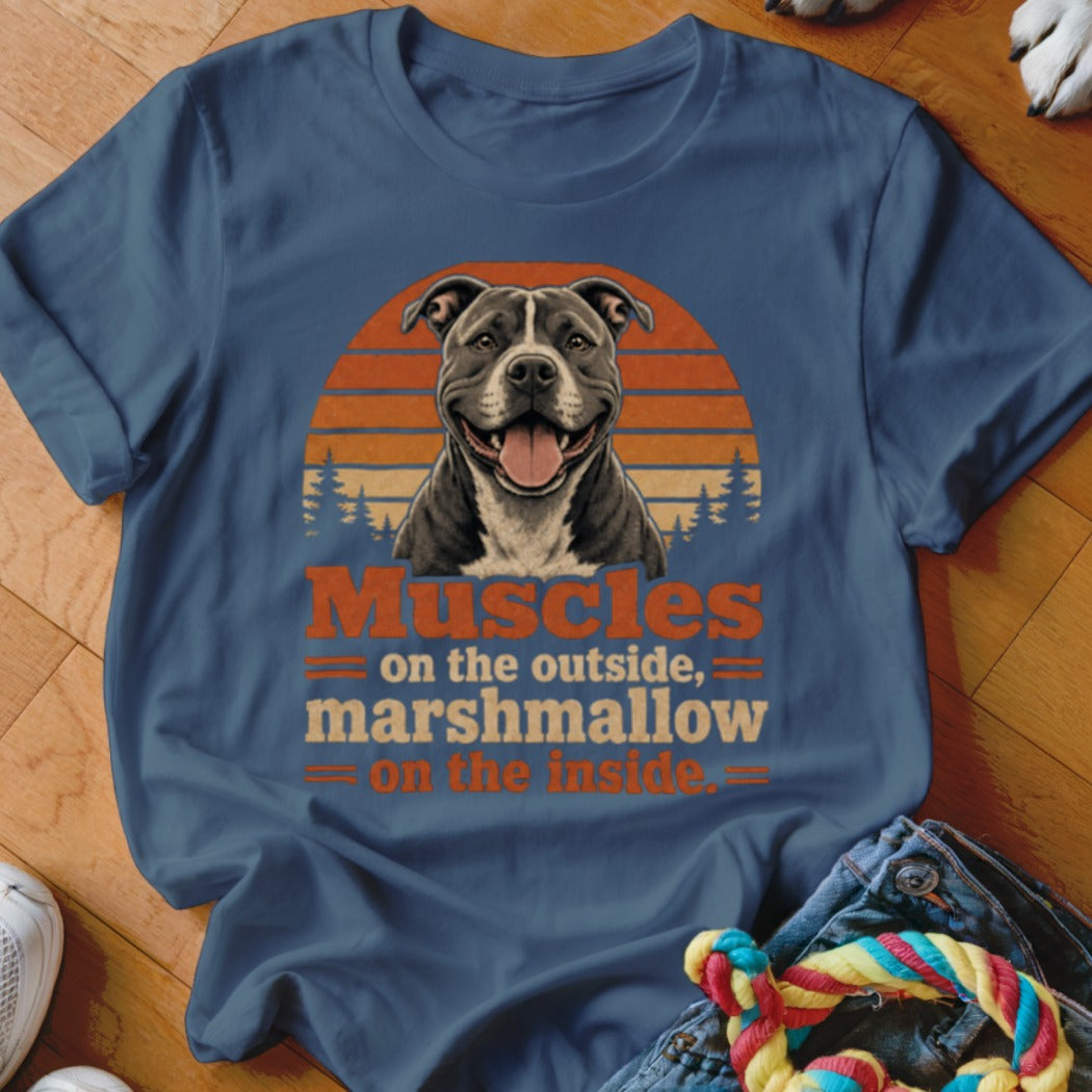 Blue t-shirt with pitbull dog graphic and text: Muscles on the outside, marshmallow on the inside.