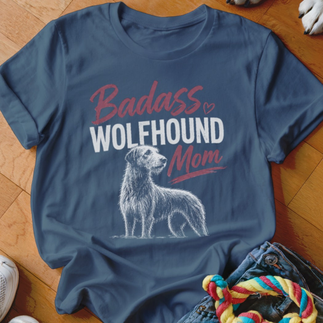 Navy t-shirt with "Badass Wolfhound Mom" text and a wirehaired dog illustration.