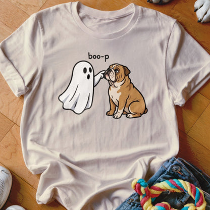Ghost "boop-ing" a bulldog on a tan t-shirt with text "boo-p".