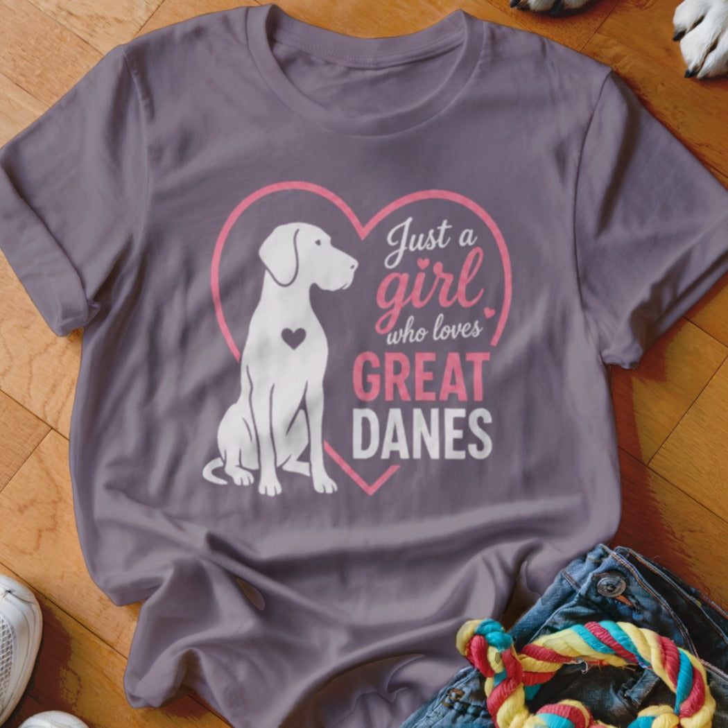 Great Dane graphic on a purple t-shirt with text "Just a girl who loves GREAT DANES".