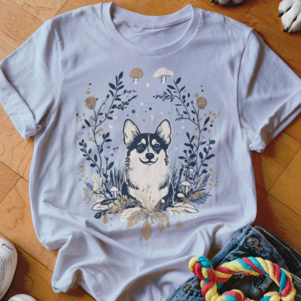 Light blue t-shirt with a smiling corgi surrounded by woodland flora and mushrooms.
