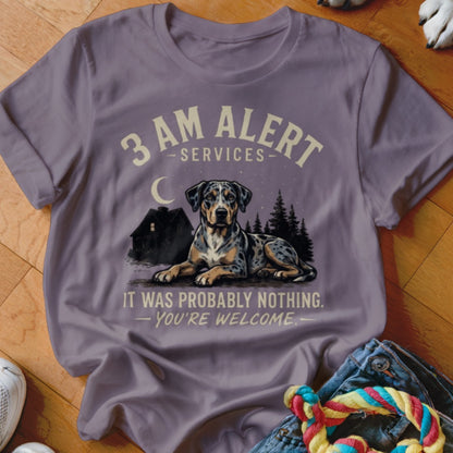 Shirt with 3 AM alert services design featuring a dog, house, and trees at night.