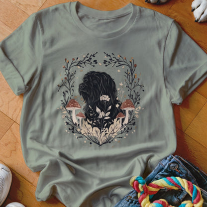 Sage green crewneck t-shirt featuring a black dog illustration surrounded by botanical mushrooms and branches.