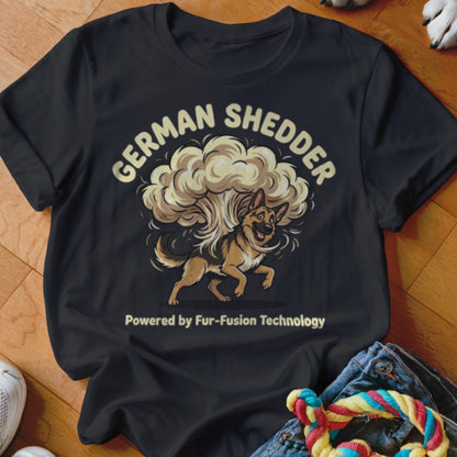 Black t-shirt with "German Shedder Powered by Fur-Fusion Technology" text and a German Shepherd dog illustration.