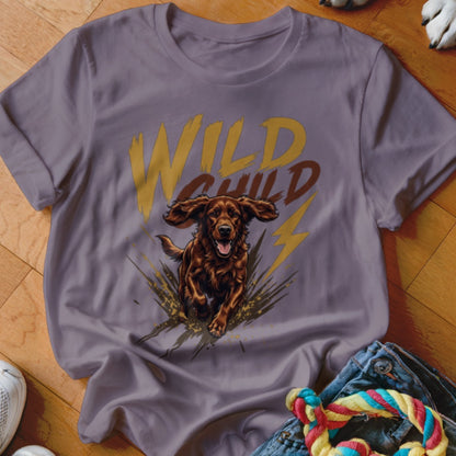 A purple t-shirt featuring a graphic of a running dog and the text WILD CHILD.