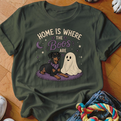 Green t-shirt with graphic of dog and ghost saying "Home is Where the Boos Are".