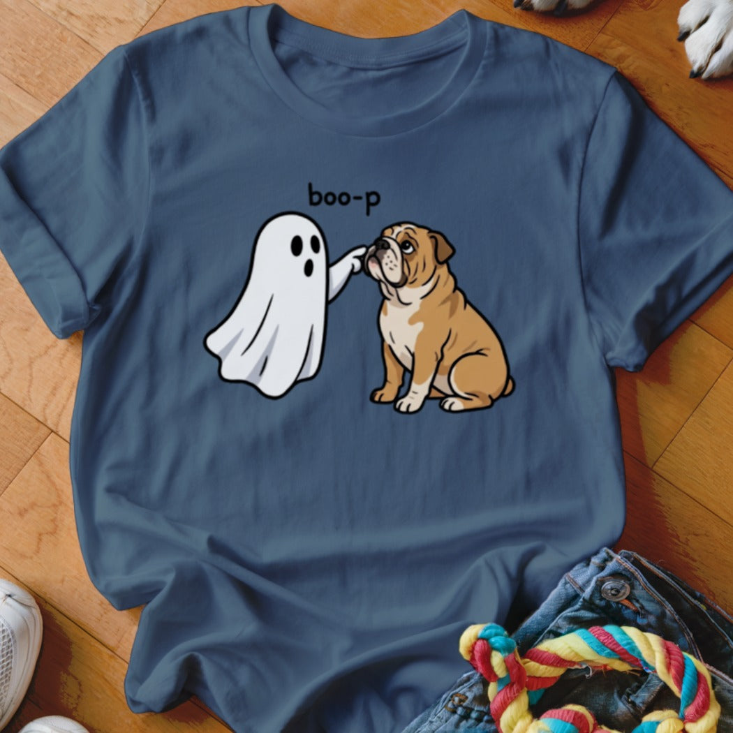 Ghost booping a bulldog, with "boo-p" text above.