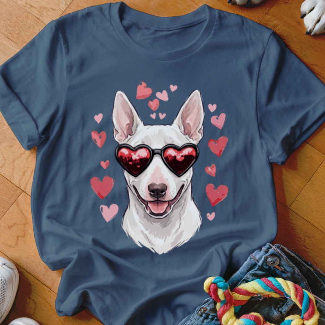 Navy blue t-shirt featuring a graphic of a white bull terrier wearing heart-shaped sunglasses surrounded by pink hearts.