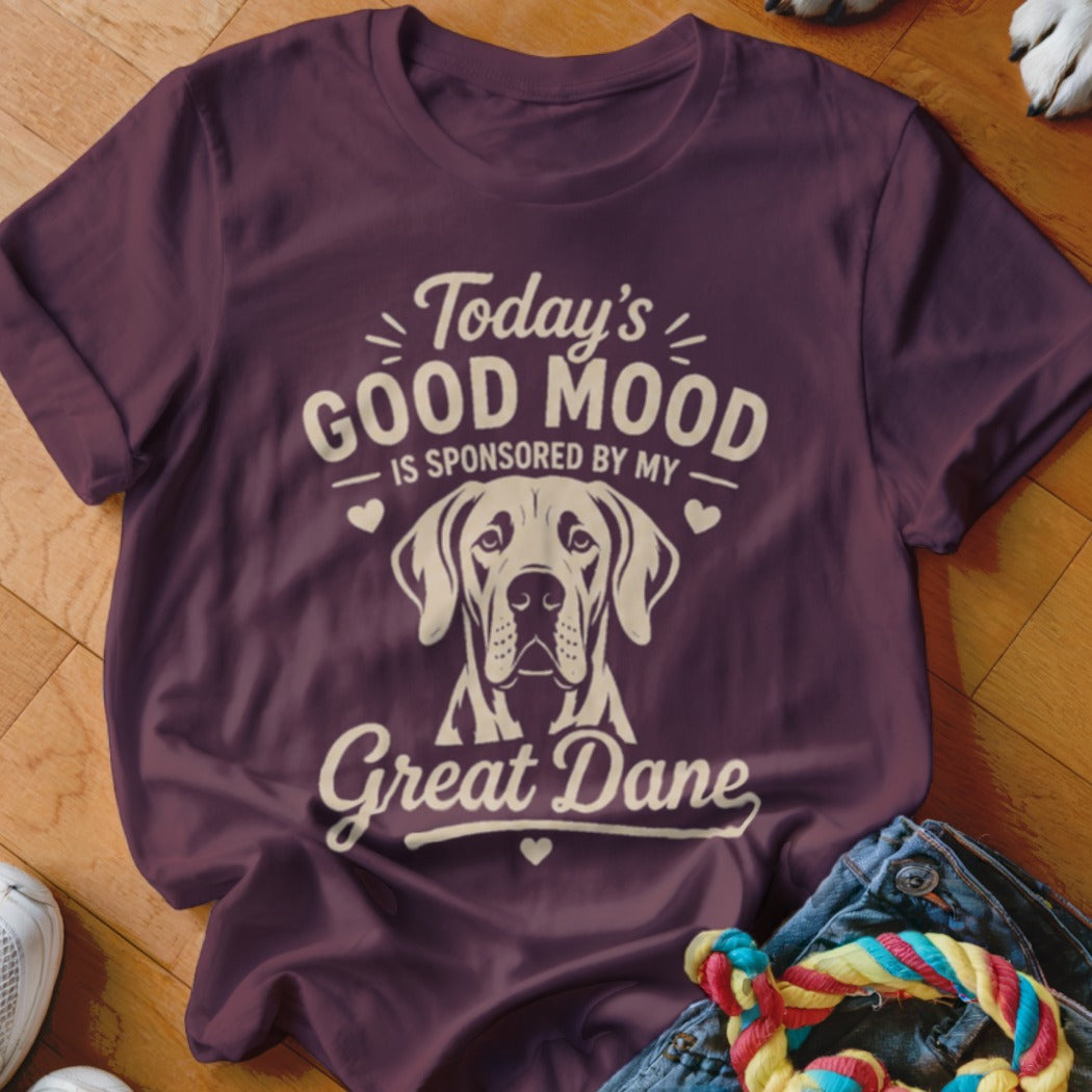 T-shirt with "Today's Good Mood Is Sponsored By My Great Dane" text and dog illustration.