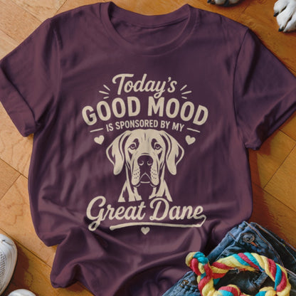T-shirt with "Today's Good Mood Is Sponsored By My Great Dane" text and dog illustration.