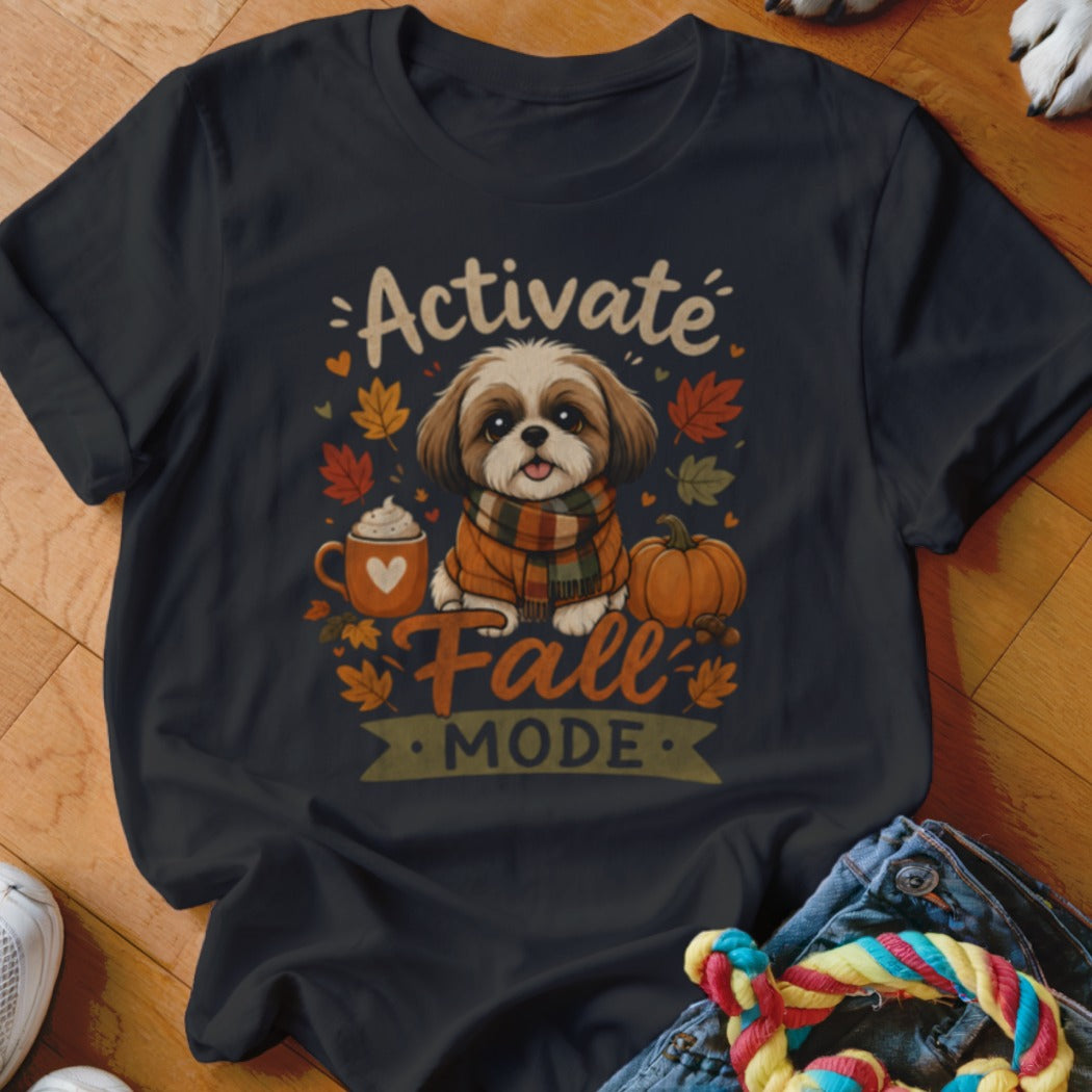 Shih Tzu dog with pumpkin, coffee, and fall leaves, "Activate Fall Mode" text.