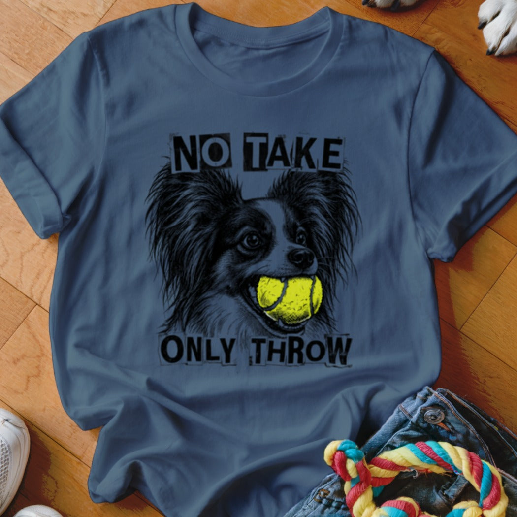 Dark blue t-shirt with black and white dog holding a tennis ball and text "NO TAKE ONLY THROW".