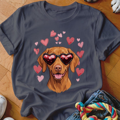 Charcoal grey t-shirt featuring a brown dog wearing heart-shaped sunglasses, surrounded by pink hearts.