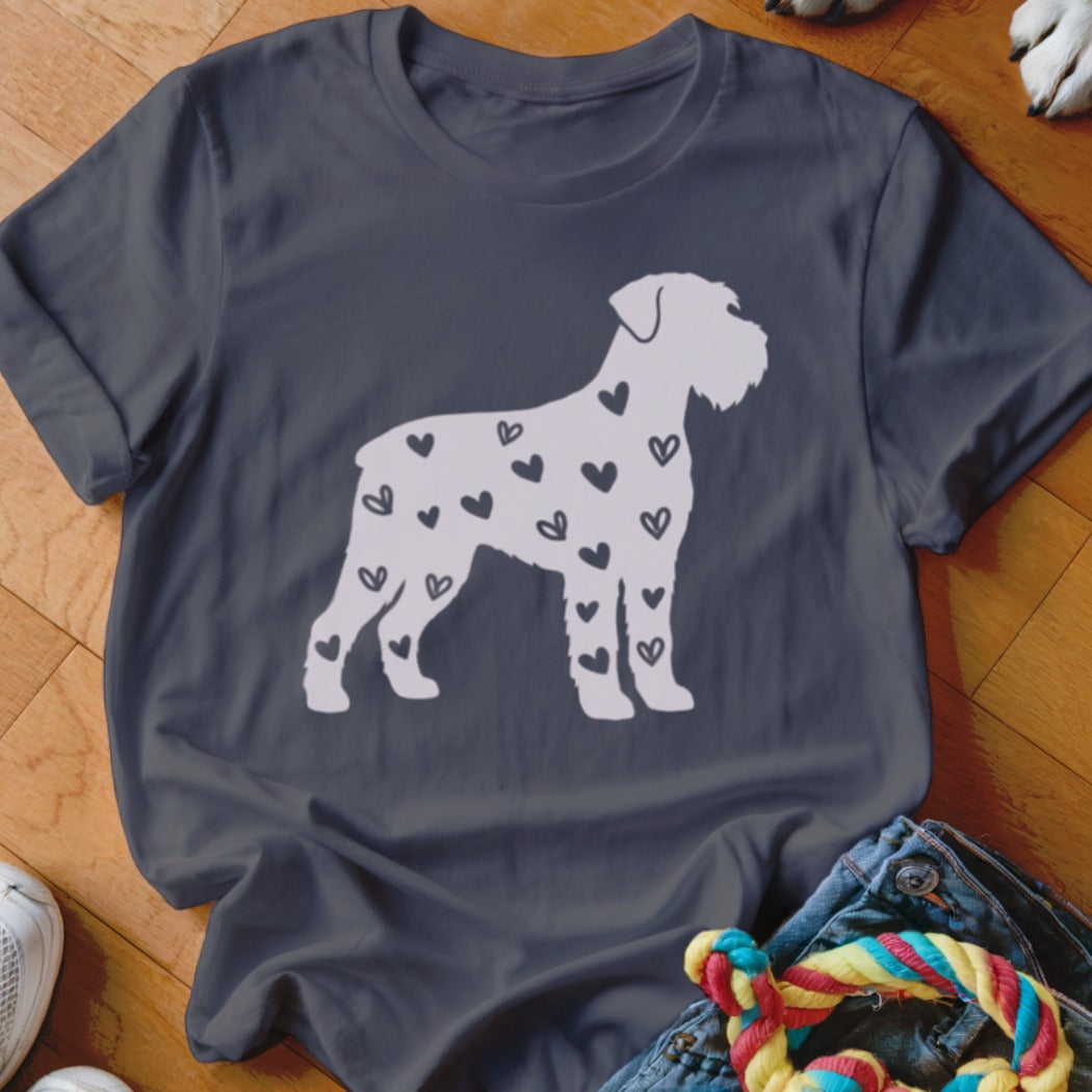 Dark grey t-shirt with a white schnauzer silhouette filled with small hearts.
