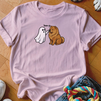 Pink t-shirt with cartoon ghost booping a brown chow chow dog, text reads "boo-p".