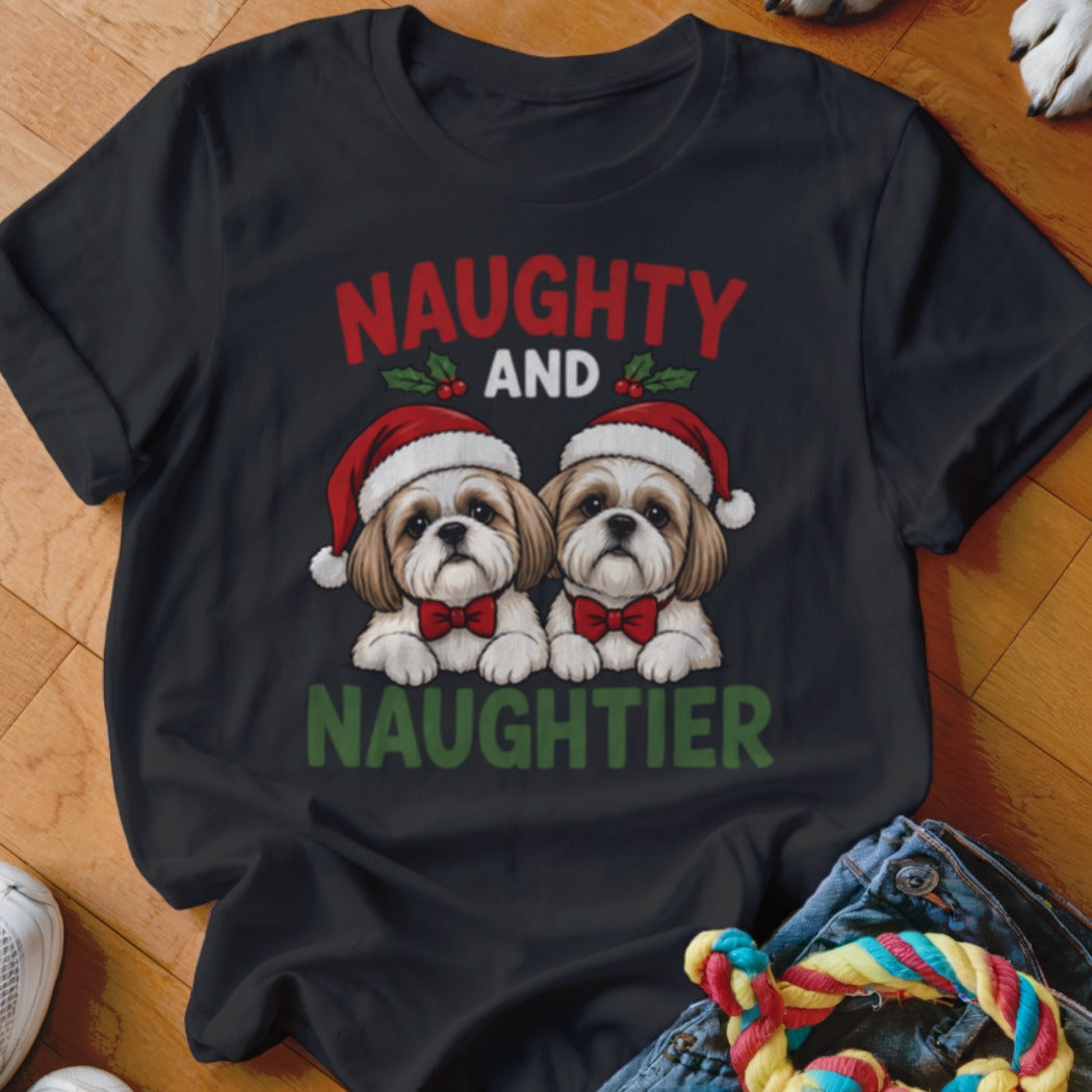 Black t-shirt with "Naughty and Naughtier" text and two Shih Tzus in Santa hats.