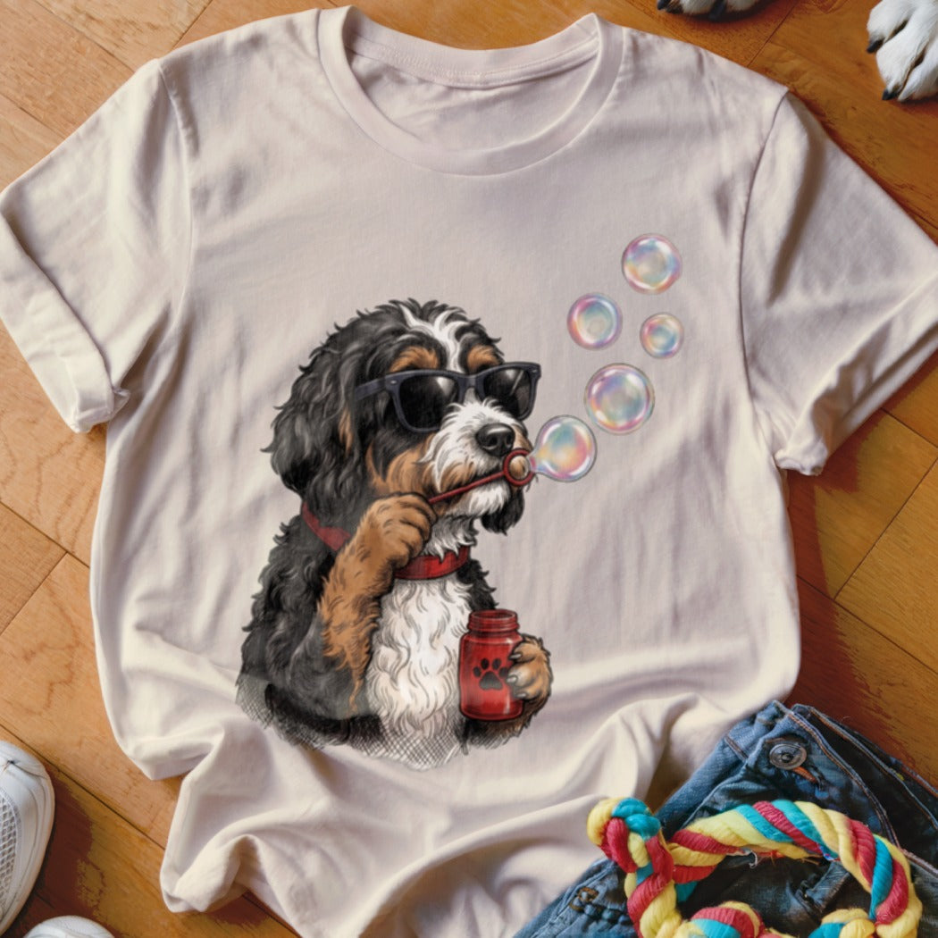 Light-colored t-shirt featuring a graphic of a black and white dog wearing sunglasses and blowing bubbles.
