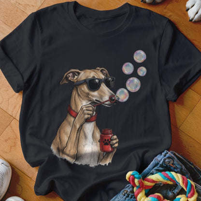 A black short-sleeved t-shirt featuring a graphic of a greyhound wearing sunglasses and blowing bubbles.