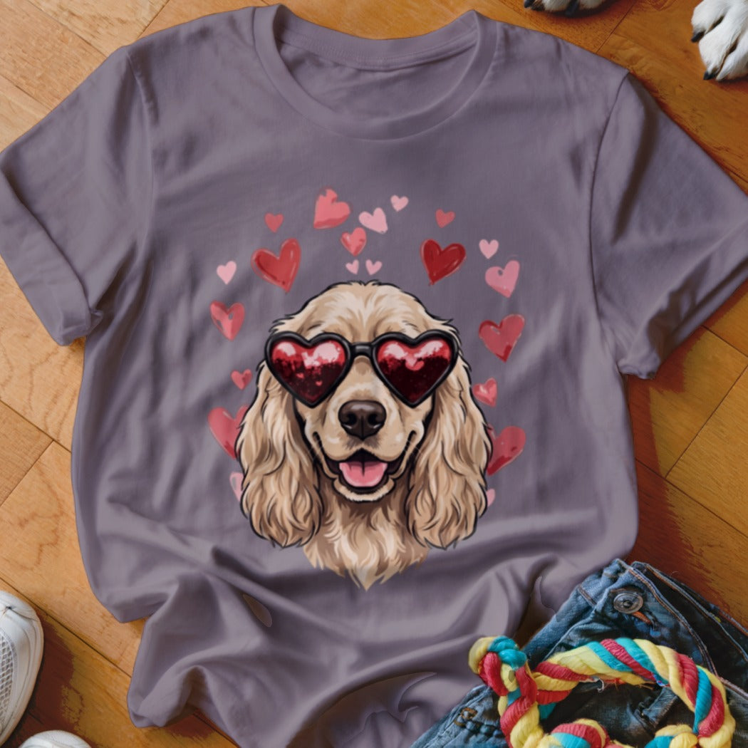 Purple t-shirt featuring a graphic of a golden spaniel wearing heart-shaped sunglasses surrounded by pink hearts.