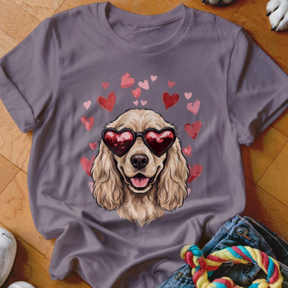 Purple t-shirt featuring a graphic of a golden spaniel wearing heart-shaped sunglasses surrounded by pink hearts.