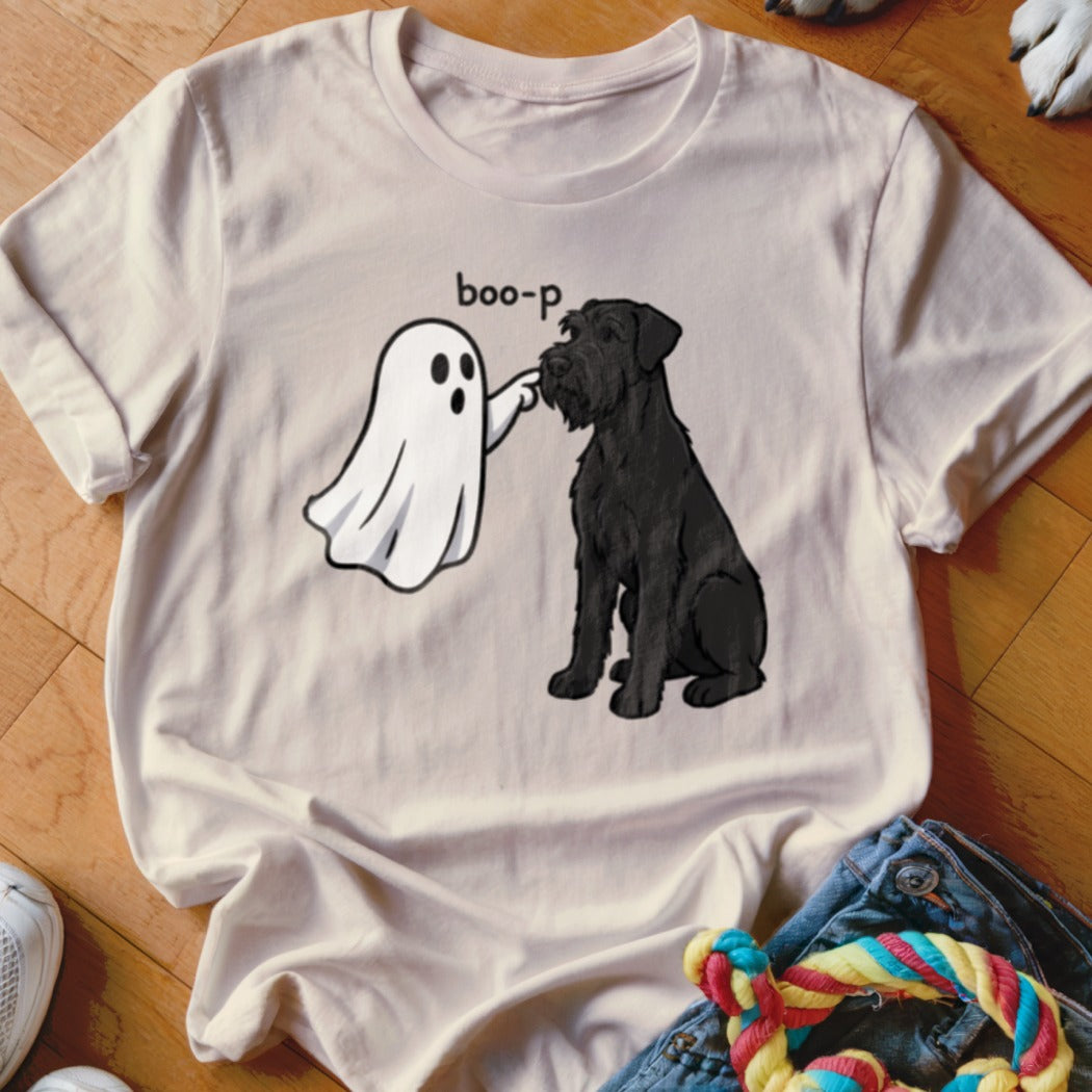 Ghost booping a black dog with "boo-p" text on a cream t-shirt.