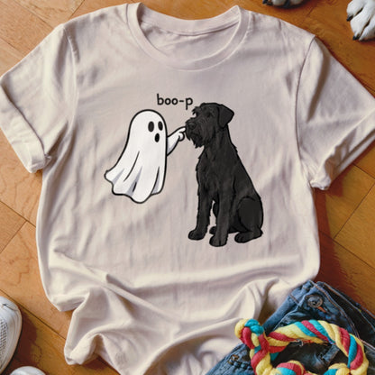 Ghost booping a black dog with "boo-p" text on a cream t-shirt.