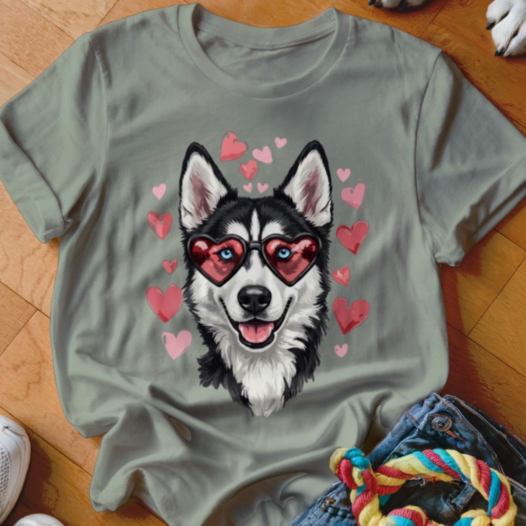 Sage green t-shirt featuring a graphic of a husky wearing heart-shaped sunglasses surrounded by floating pink hearts.