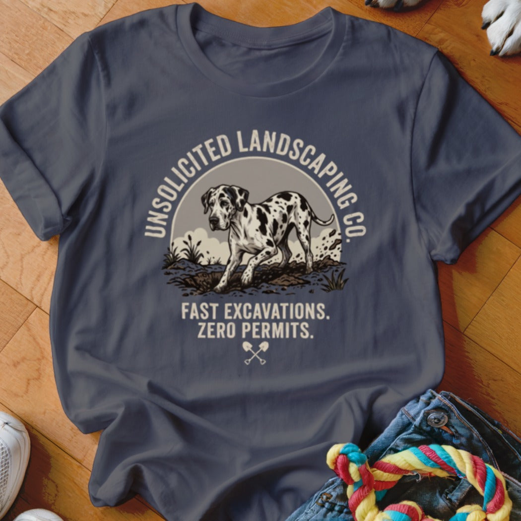 Dalmatian digging dirt with "Unsolicited Landscaping Co." text above.