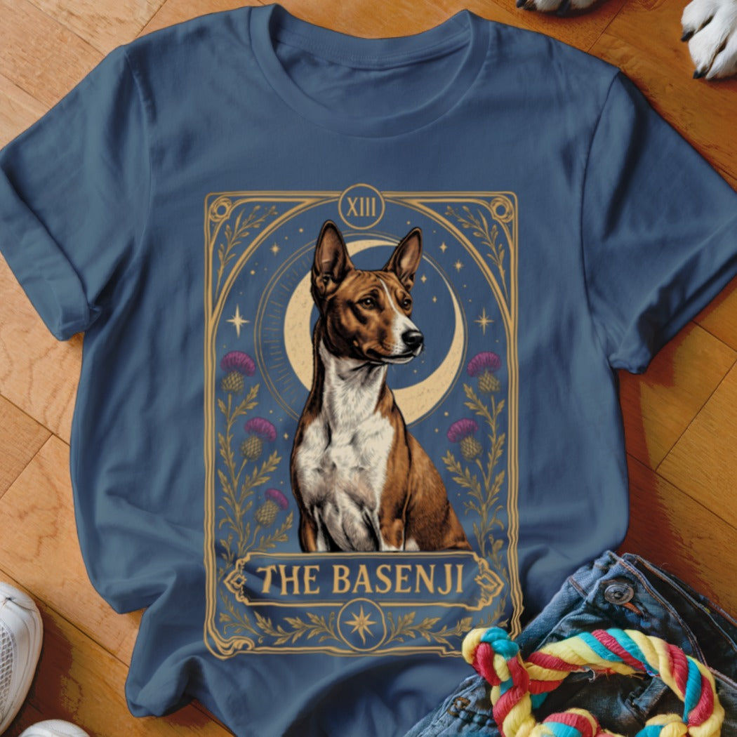 Navy blue t-shirt featuring a tarot card style graphic of a Basenji dog.