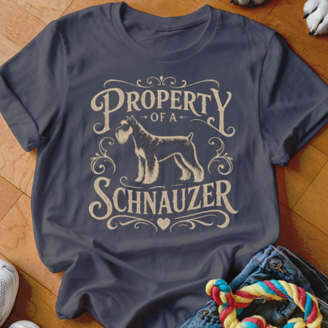 Navy t-shirt with a schnauzer graphic and "Property of a Schnauzer" text.