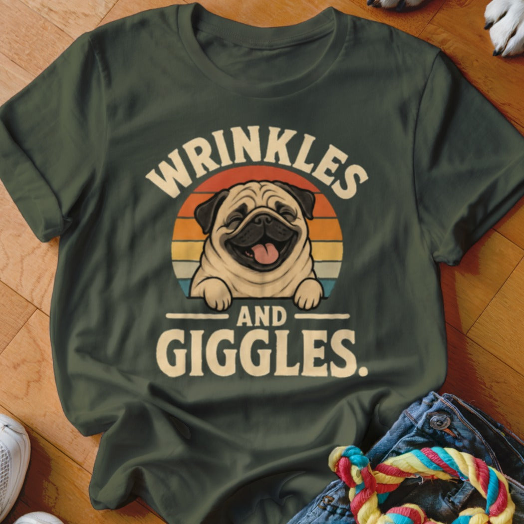Green t-shirt with vintage pug design and text "WRINKLES AND GIGGLES."